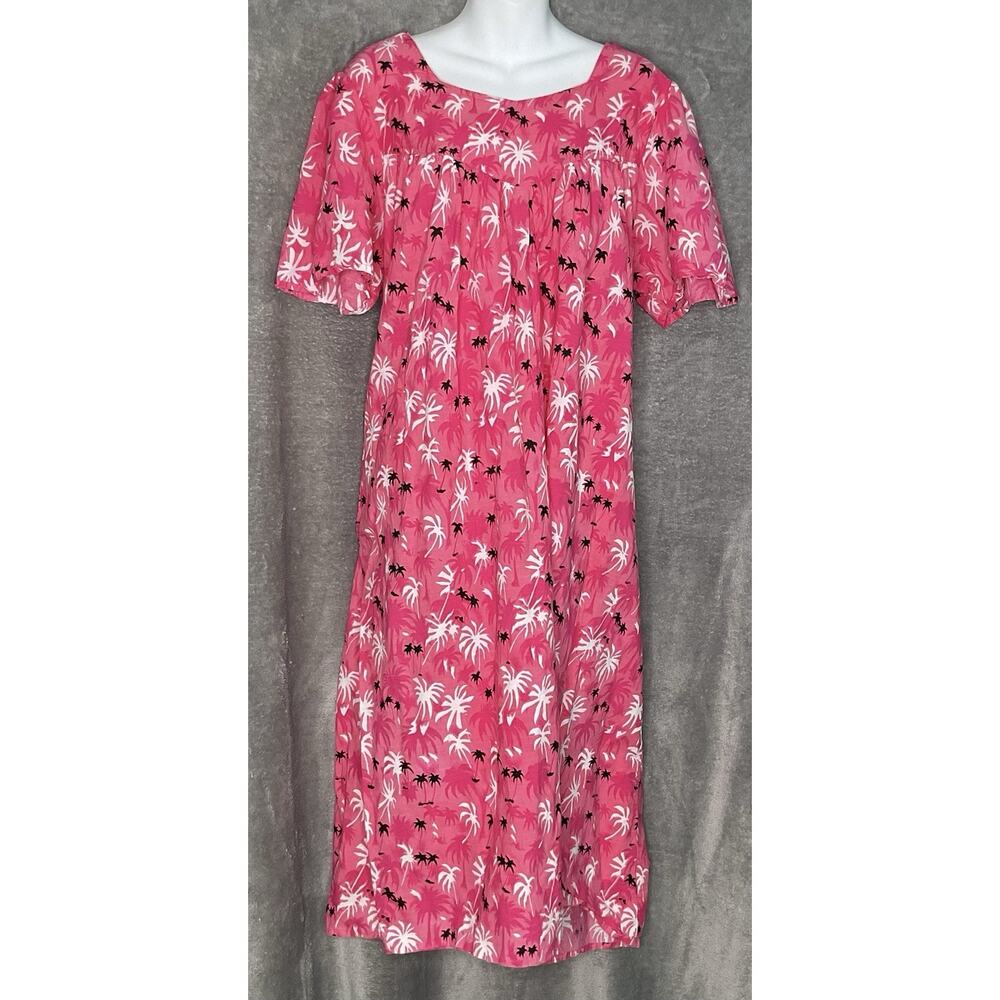 Daffodil 2X Tropical Palm Print Pink Dress Beach Vacation Cotton Hawaiian Resort